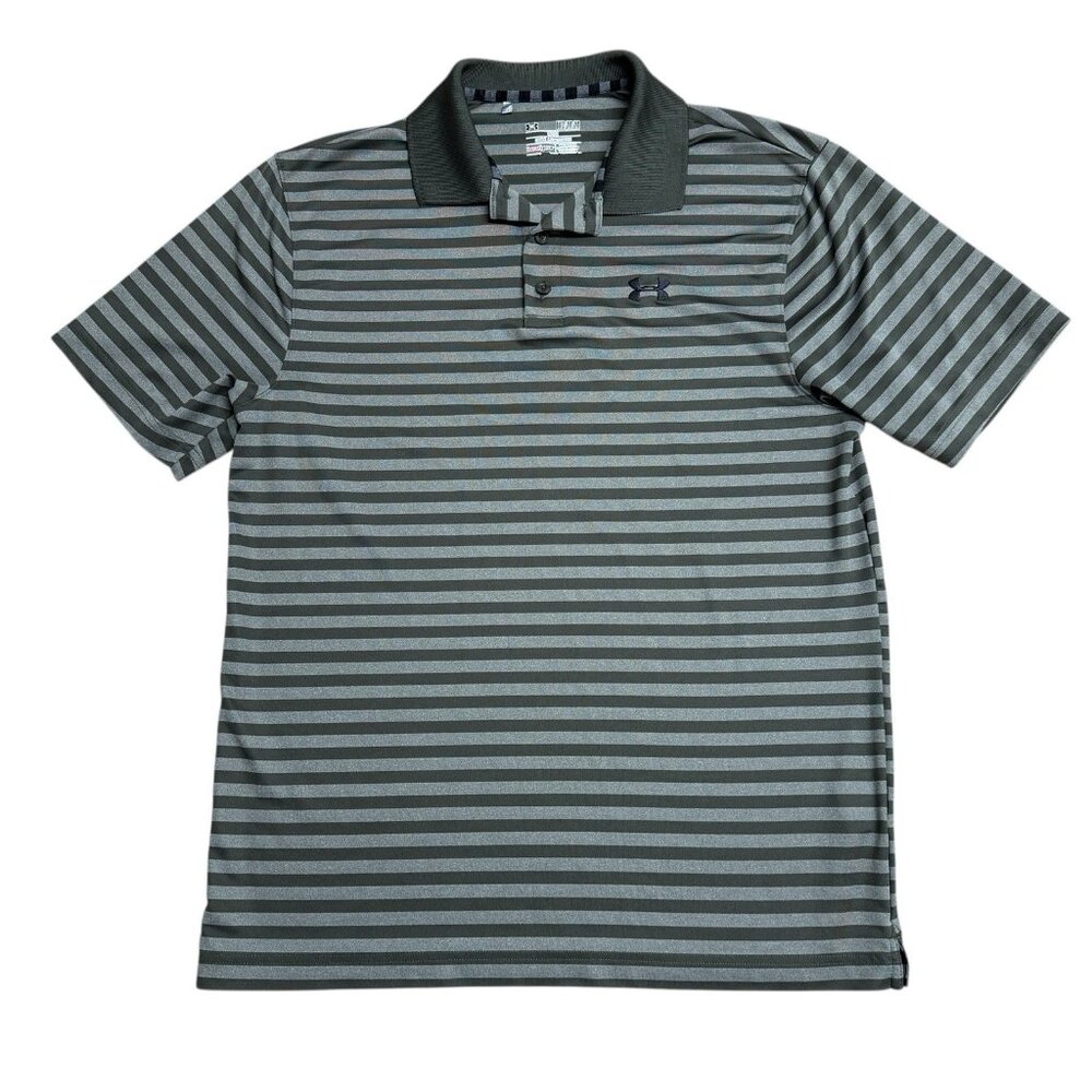 UNDER ARMOUR POLO SHIRT GREEN STRIPED MENS M LOOSE FIT BUSINESS CASUAL GOLF